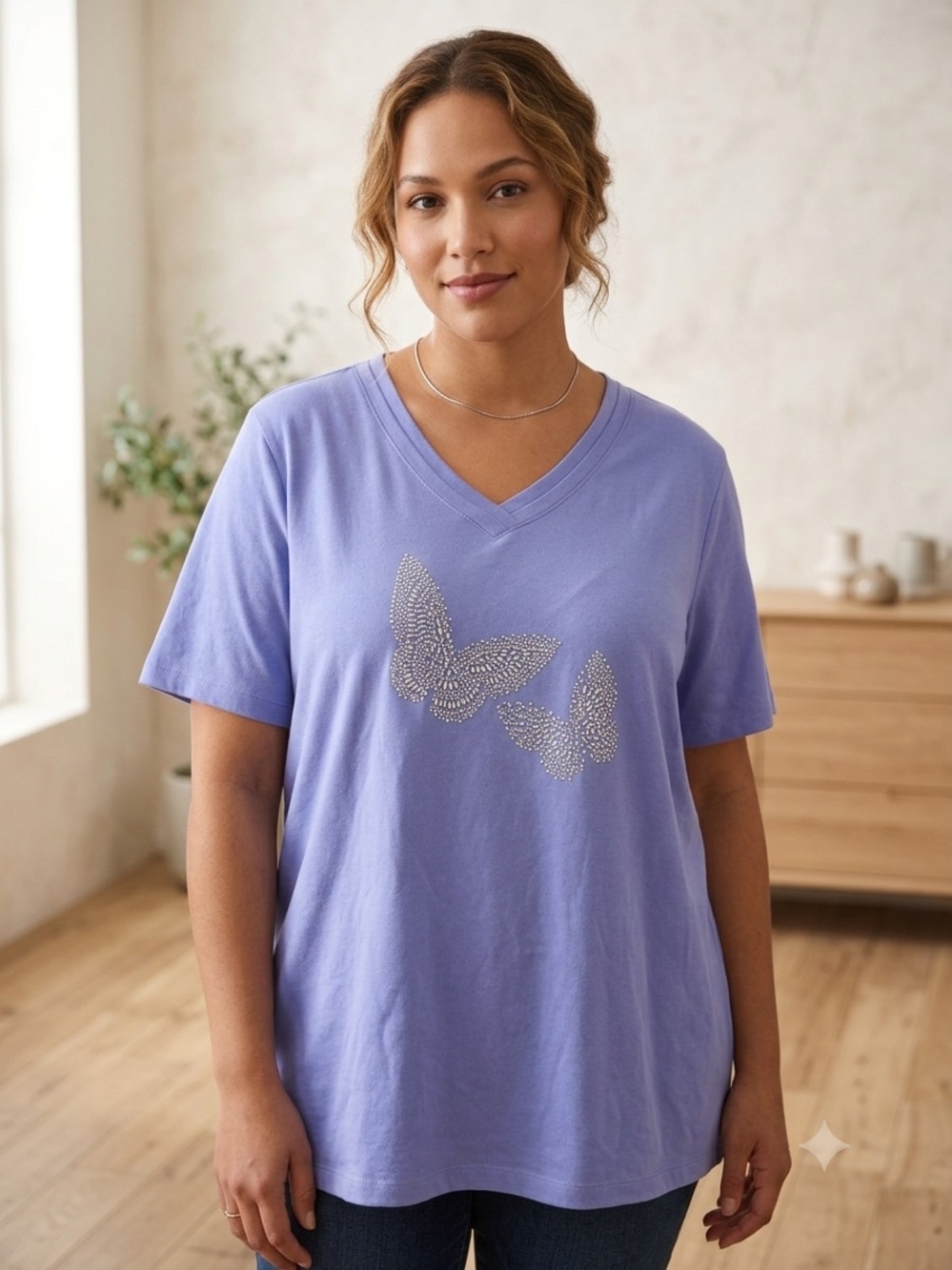 Coral Bay Y2K Butterfly V-Neck Tee XL Periwinkle Purple Embellished Studs Top